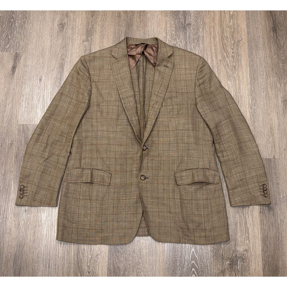 Brooks Brothers Fitzgerald Blazer 44R Brown Plaid E Thomas Silk Linen Wool READ
